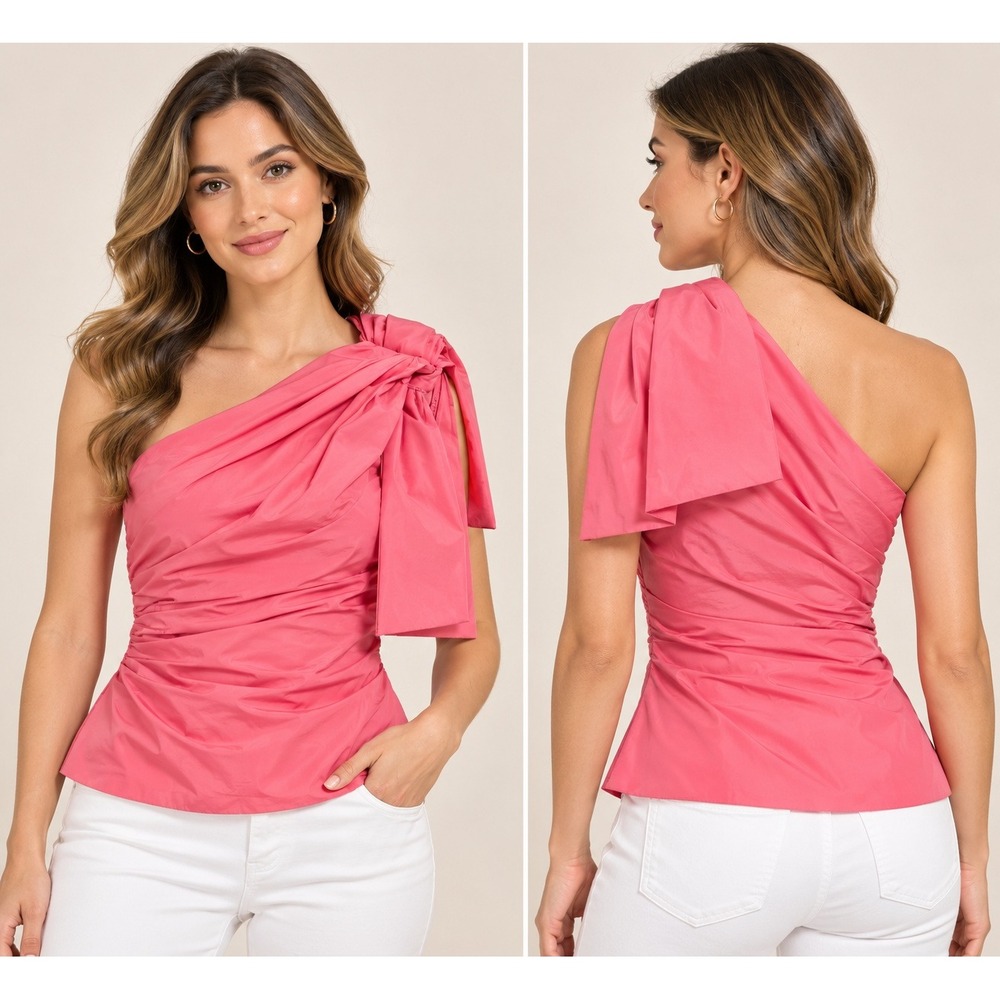 Zara coral Pink One Shoulder Bow Ruched Draped Top XS Date Night Chic Trendy